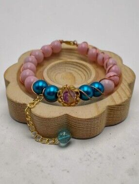 Handmade wirewrapped Elegant Pink and Blue Beaded Bracelet